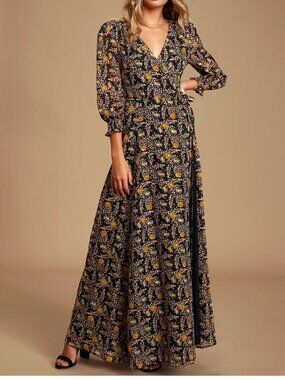 Black Multi Floral Print Wrap Maxi Dress
